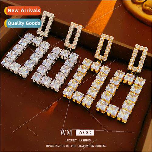 lver needle zirconia splicing square hollow earrings Korea f