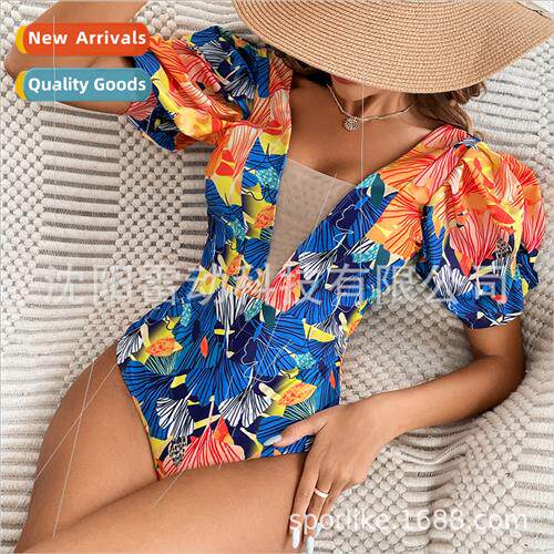 New bubble short sleeve one-piece swimsu women 2023 printed