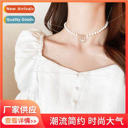 mple short collarbone chain ins cold wind pearl butterfly ne