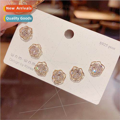 s925 silver needle zirconia rose combination three sets earr