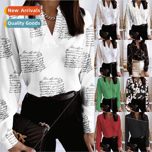 2022 Spring Long Sleeve V-Neck Loose Printed Blouse Shirt To