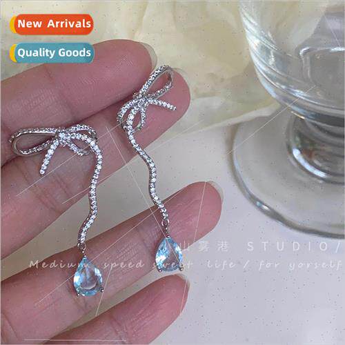 Mermaid  French Diamond Ribbon Tassel Stud Earrings Blue Dro