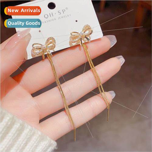 s925 zirconia bow tassel earrings long simple a two wear ear