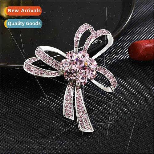 Women versatile pink diamond bow brooch coat jacket fixed bo