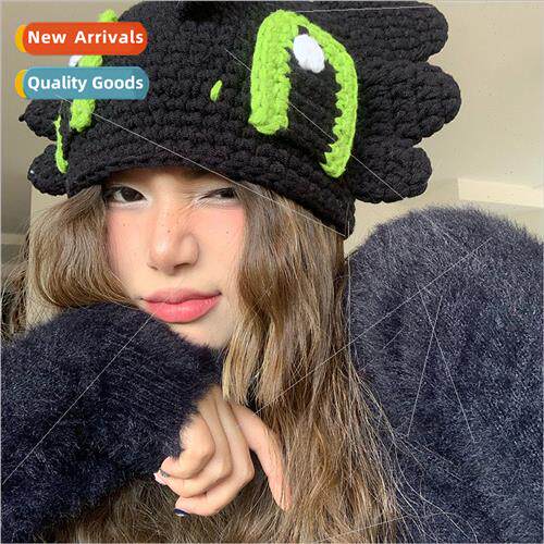 Green big eyes quirky imp wool hat ears tentacles handmade k