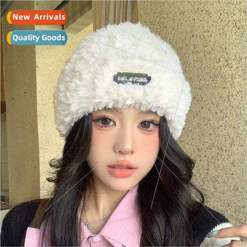 Winter plush hat female new iron label warm wool cap cute co