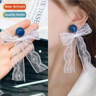 Bow Earrings Women Haze Premium Lace che mple Blue
