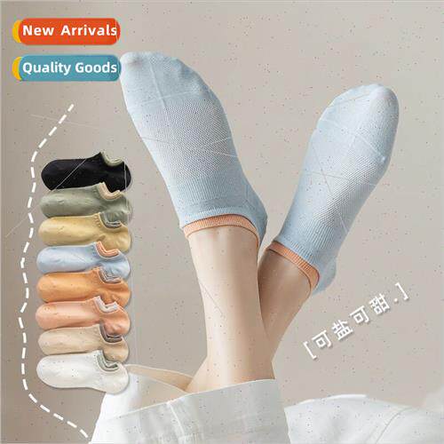 Pure color double ribbed large heel mesh  ladies boat socks