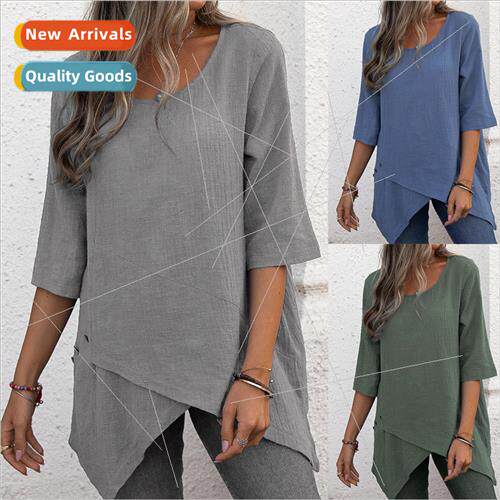 Women new cotton linen round neck irregular shirt five-quart
