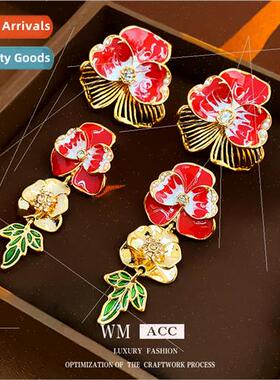 Earrings silver Needle Oil Drip Flower Earrings Vintage Meta