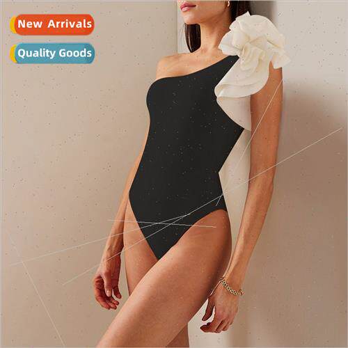 Europe new solid color one-shoulder one-piece swimsu female