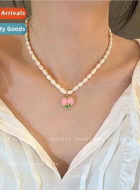 Pink Tulip Heart Pearl Necklace Female che Collarbone Chain