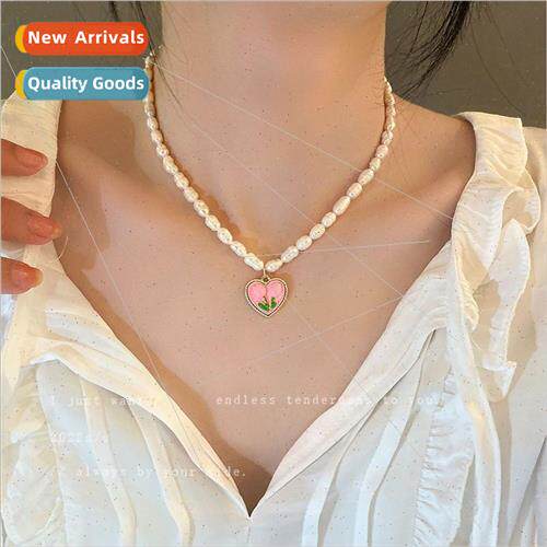 Pink Tulip Heart Pearl Necklace Female che Collarbone Chain