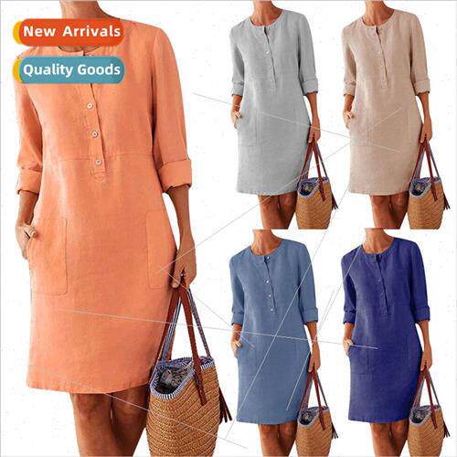 2023 Spring new plus size women cotton linen round neck long