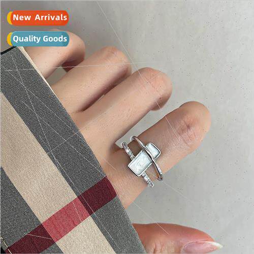 INS Geometric Rectangular Zirconia Double Layer Ring Women F