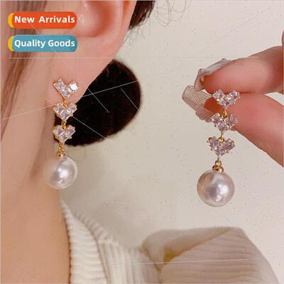 Korea simple exquise zircon love pearl earrings s925 silver