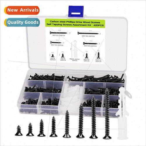 420pcs black color zinc Phillips tapping screws w glue plugs