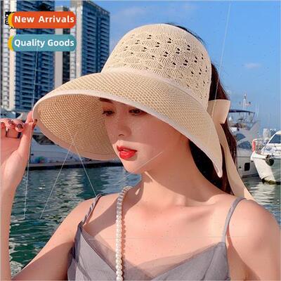 Summer Folding Hat Women Hollow Top Straw Hat Bow Big Brim H