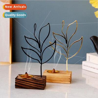 Abstract Iron Leaf Incense Burner Wooden Handheld Incense Bu