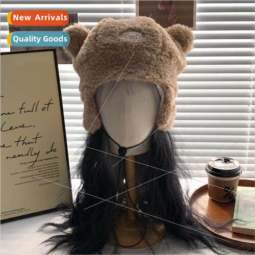 Cute bear ears lamb wool hat female winter show face small w