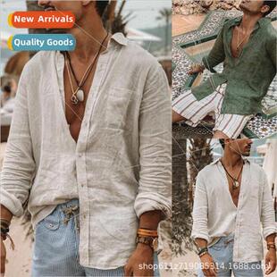 linen men lapel casual loose cotton color solid new Autumn