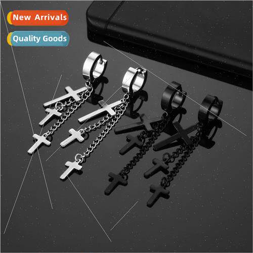 Europe tanium steel three crosses earrings ear clips chain t