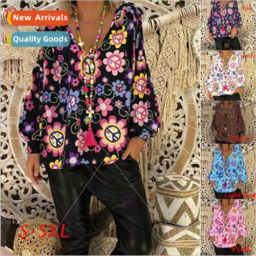 2021 Spring Autumn new large size thin loose top V-neck prin
