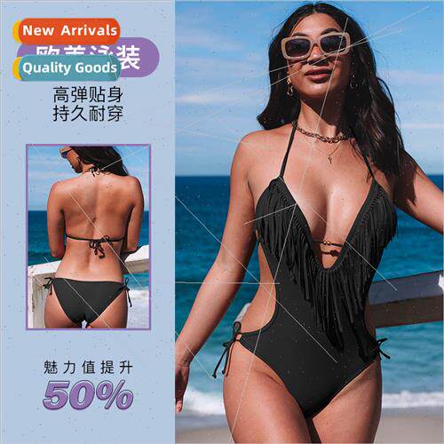 Europe new one-piece swimsu female solid color hanging neck
