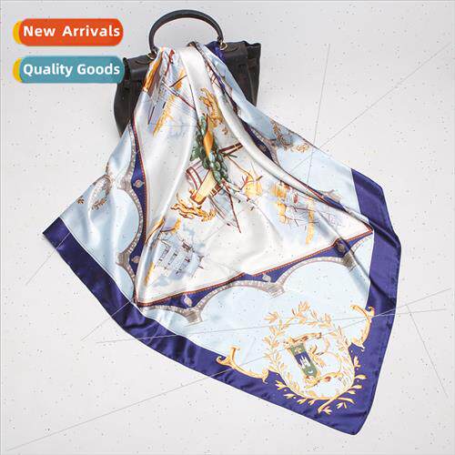 22 new simulation silk scarf women 90cm blue sailboat printi