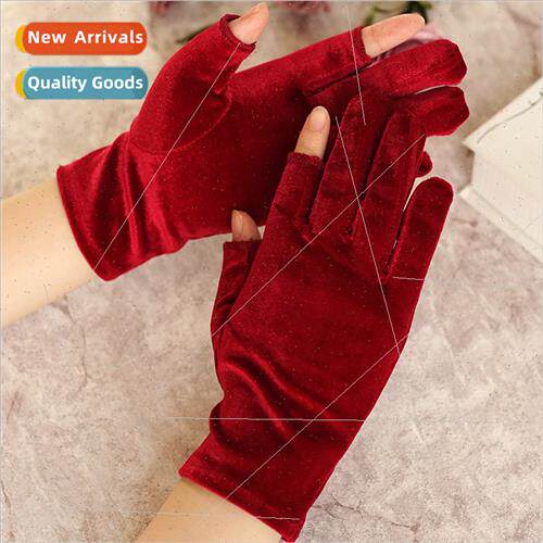 New autumn winter ladies exposed two-finger gloves gold velv