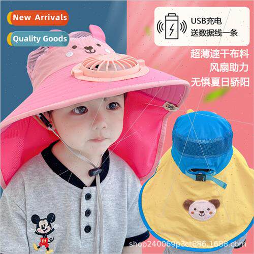 Children sun hat summer large brim mesh fisherman hat wh fan