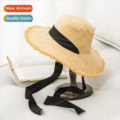 Children flat-top raffia straw fur trimmed straw hat Korea