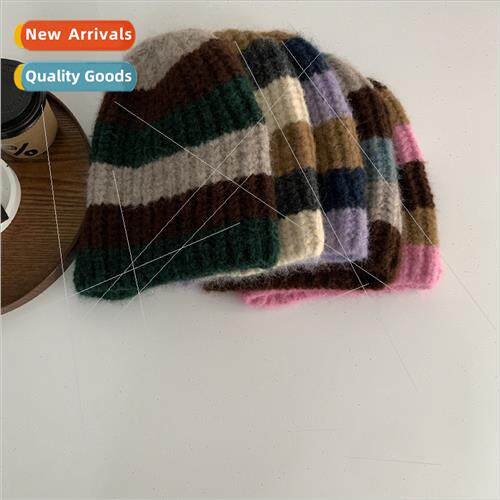 Korea ins striped knted hat female autumn winter Japan color