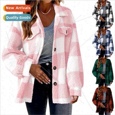 Women 2023 new fall winter wh pockets plaid lambswool jacket