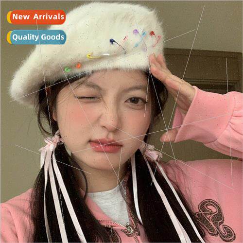 Korea  colorful pin plush beret female autumn winter big hea