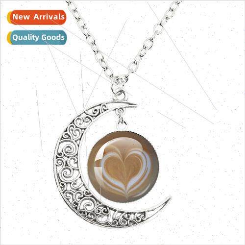 New cafe latte engraved love moon necklace dome glass pendan