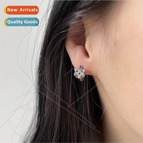 Full diamonds copper cat earrings female Chinese vintage tun