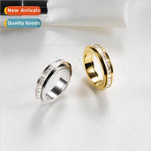 Europe ngle Row Diamond Turnable Ring Tanium Steel Gold Plat