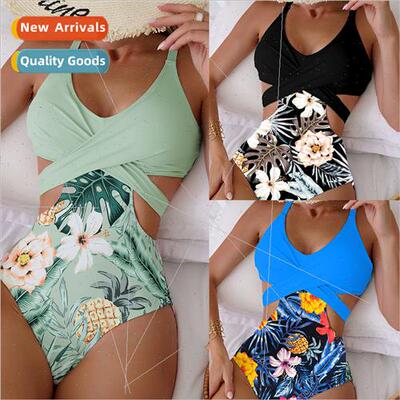 2023 new iEurope print hollow tie sexy one-piece bikini swim