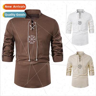 New Men Fashion Cotton nen Shirt Long Sleeve Solid Color Eth