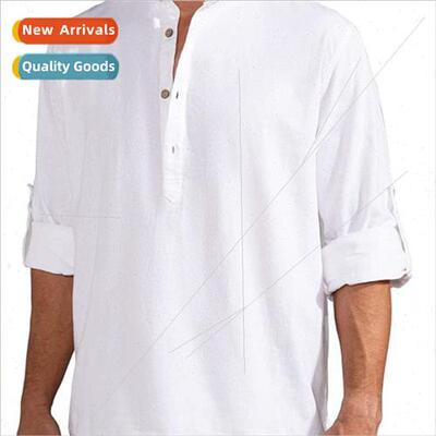 Men nen Long Sleeve Loose Solid Color Cotton nen Shirt Large