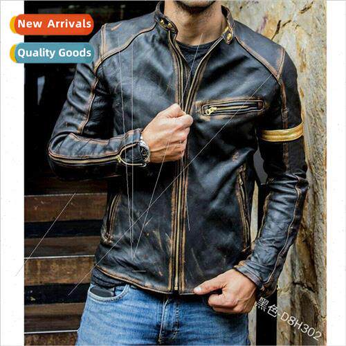 2021 Fall Men Retro Leather Slim Standing Collar Multi-Zippe