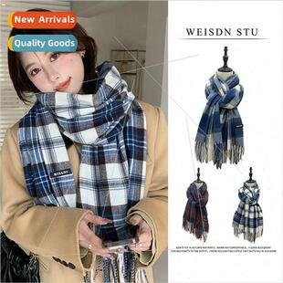 faux scarf cashmere women senior blue versatile plaid