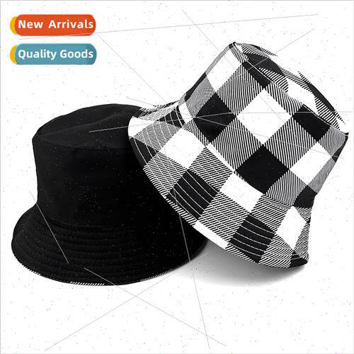 Spring summer new double-sided large plaid fisherman hat wh