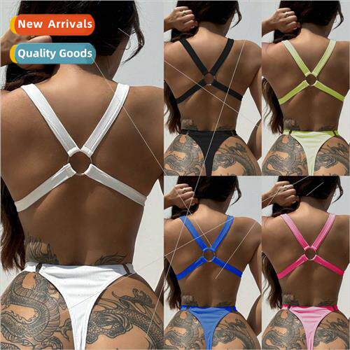 2023 Europe New Solid Color Small P Stripe Sexy Bikini Back