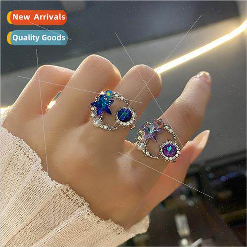 INS  Diamond Star Moon Zirconia Pearl Ring Colorful Open Adj