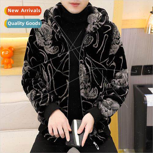 Hooded mink jacket men fall winter new casual tweed jacket p