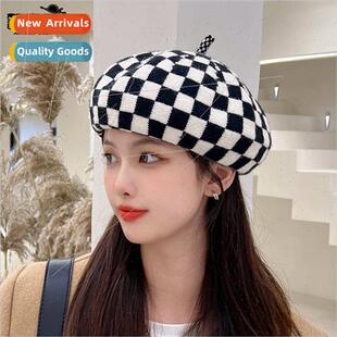 black whe checkerboard 9902 beret retro plaid female lerary