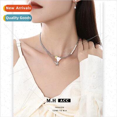 Pink wine glass necklace female cold wind ins collarbone cha