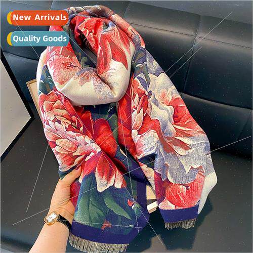 2023 new winter faux cashmere scarf female peony flower thic